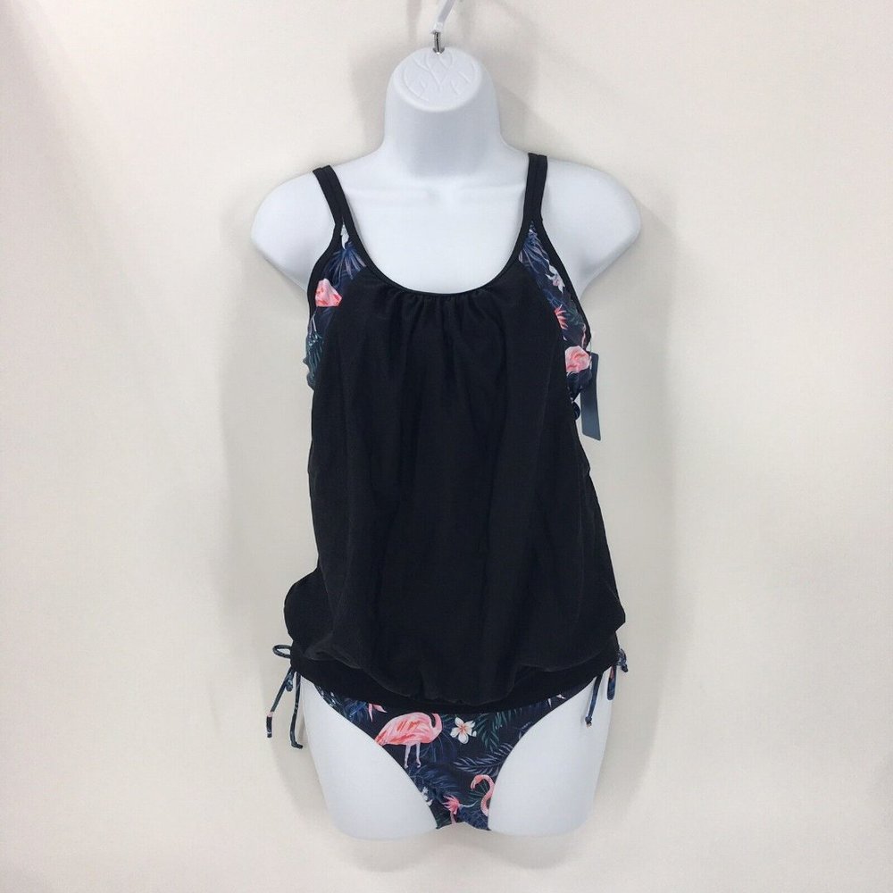 Yonique 2 Piece Flamingo Blouson Sports Bra Swimsuit Tankini Top & Tie Bottom S